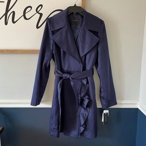 Tahari Eve Ruffle Trench Coat Navy Size Me…